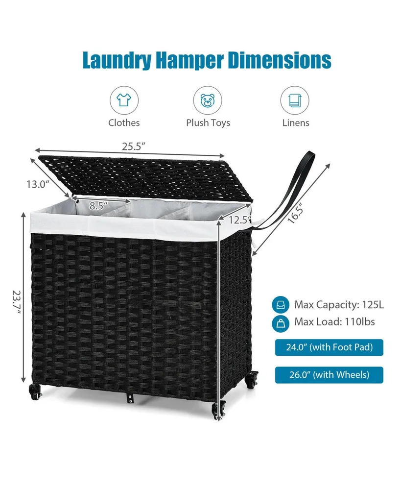 Laundry Hamper w/Wheels & Lid, 125L 3-Section Clothes Hamper w/2 Liner Bags