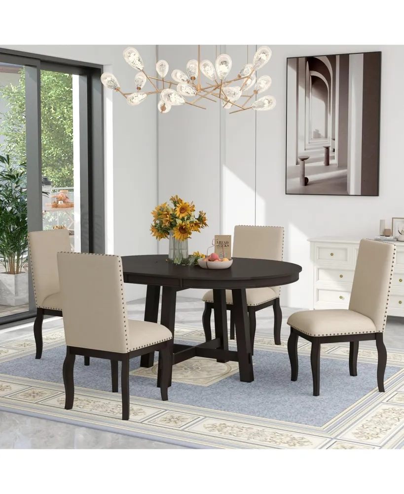 Simplie Fun Farmhouse Dining Set - Round Table + 4 Chairs