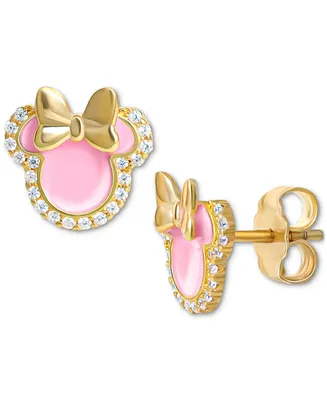 Disney Cubic Zirconia & Pink Enamel Minnie Mouse Stud Earrings in 18k Gold-Plated Sterling Silver