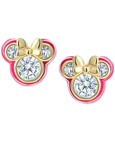 Disney Cubic Zirconia & Deep Pink Enamel Minnie Mouse Stud Earrings in 18k Gold-Plated Sterling Silver