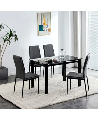 Simplie Fun 5 Pieces Dining Table Set For 4, Kitchen Room Tempered Glass Dining Table, 4 Pu Leather Chair