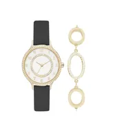 Jessica Carlyle Women's Analog Black Strap Watch 34mm with Gold-Toned Cubic Zirconia Crystal Bracelet Gift Set