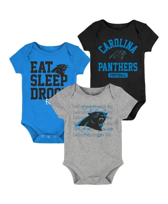 Newborn and Infant Boys Girls Black, Blue Carolina Panthers Eat Sleep Drool Football Three-Pack Bodysuit Set