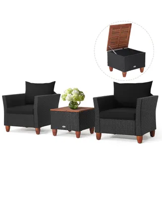 Costway 3PCS Patio Rattan Furniture Set Cushioned Sofa Storage Table with Wood Top