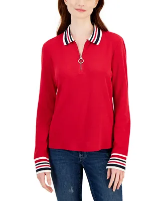 Tommy Hilfiger Women's Cotton Striped-Collar Long-Sleeve Zip Polo