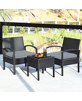 3PCS Patio Rattan Furniture Set Coffee Table Conversation Sofa Cushioned