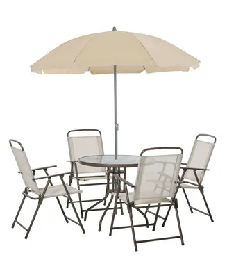 Outsunny 6 Piece Patio Dining Set for 4 with Umbrella, 4 Folding Dining Chairs & Round Glass Table for Garden, Backyard and Poolside