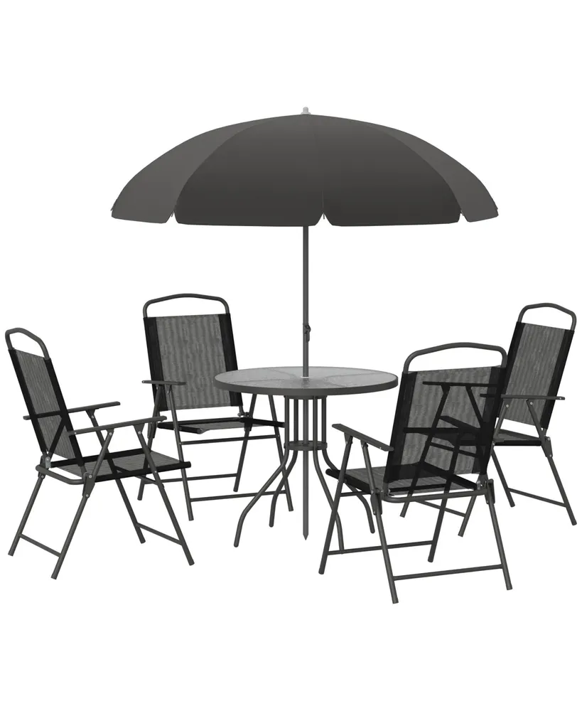 Outsunny 6 Piece Patio Dining Set for 4 with Umbrella, 4 Folding Dining Chairs & Round Glass Table for Garden, Backyard and Poolside, Black