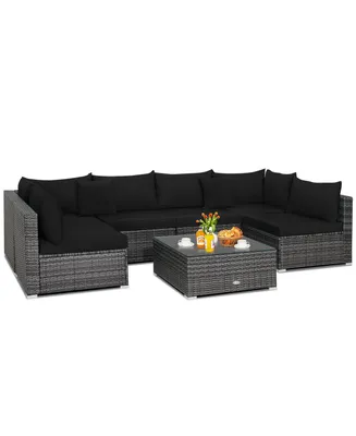 7PCS Patio Rattan Furniture Set Sectional Sofa Cushioned Garden