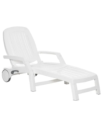 Outsunny Folding Chaise Lounge Chair on Wheels with Storage Box, Lightweight Plastic Sun Recliner with 5 Position Backrest for Beach & Pool, White