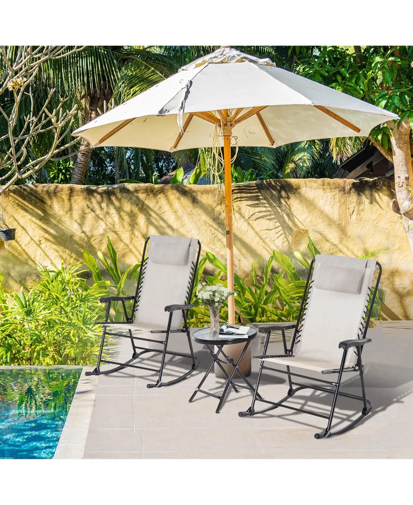 Outsunny 3 Piece Outdoor Rocking Bistro Set, Patio Folding Chair Table Set with Glass Coffee Table for Yard, Patio, Deck, Backyard