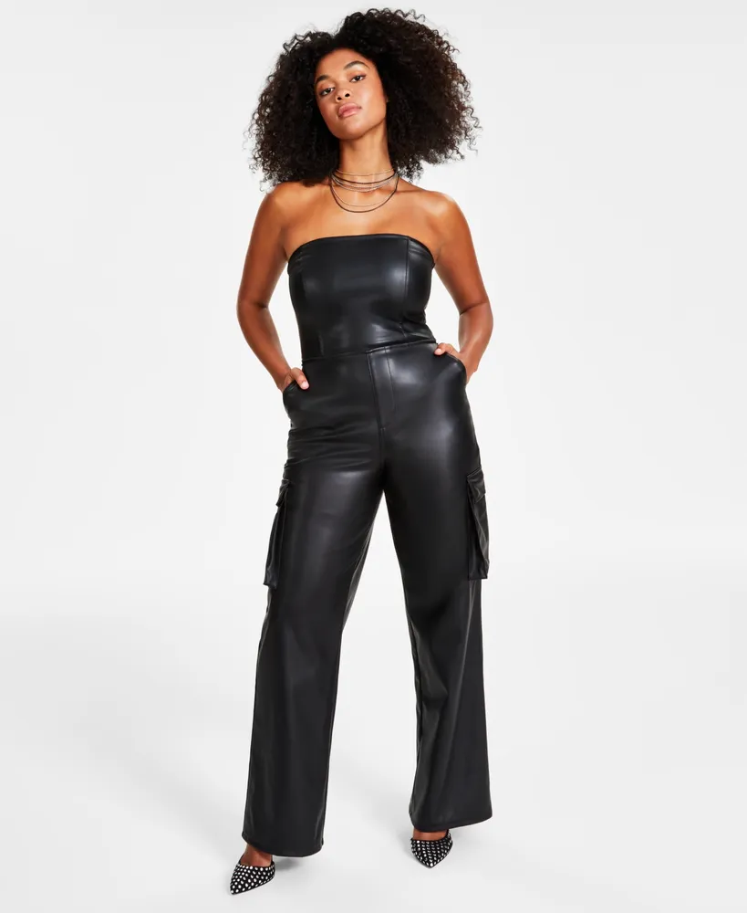 Bar Iii Women's Faux-Leather Strapless Cargo-Pocket Jumpsuit, Created for Macy's