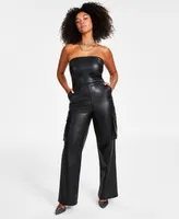 Bar Iii Women's Faux-Leather Strapless Cargo-Pocket Jumpsuit, Created for Macy's