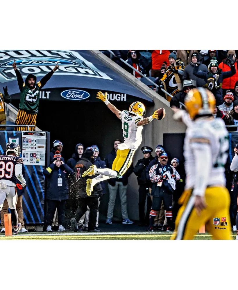 Christian Watson Green Bay Packers Unsigned Leaping for a Touchdown Photograph