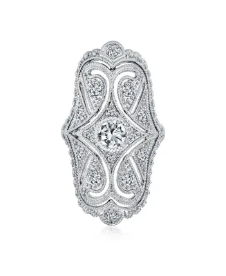 Deco Antique Style Filigree Pave Cz Wide Armor Full Finger Fashion Statement Ring Cubic Zirconia Rhodium Plated Brass