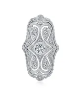 Deco Antique Style Filigree Pave Cz Wide Armor Full Finger Fashion Statement Ring Cubic Zirconia Rhodium Plated Brass