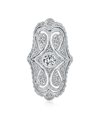 Bling Jewelry Deco Antique Style Filigree Pave Cz Wide Armor Full Finger Fashion Statement Ring Cubic Zirconia Rhodium Plated Brass