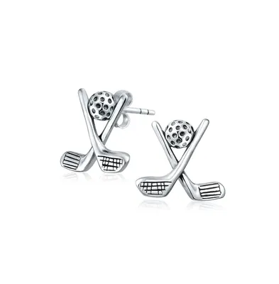 Bling Jewelry Golfer Gift Golf Club Ball Sport Athlete Golf Stud Earrings For Women Oxidized .925 Sterling Silver Jewelry Gifts Female Golfers