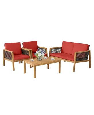 Costway 4PCS Patio Rattan Furniture Set Acacia Wood Cushioned Sofa