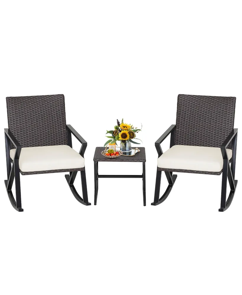 Costway 3PCS Patio Rattan Wicker Rocking Chairs Table Bistro Set Cushioned Rocker Garden