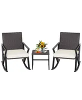 Costway 3PCS Patio Rattan Wicker Rocking Chairs Table Bistro Set Cushioned Rocker Garden