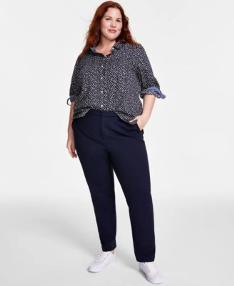 Tommy Hilfiger Plus Size Cotton Printed Roll Tab Shirt Ponte Straight Leg Pants