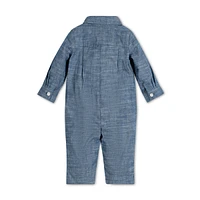 Hope & Henry Baby Boys Layette Long Sleeve Button Front Chambray Romper