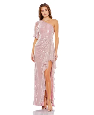 Women's Sequined Flutter Sleeve One Shoulder Draped Gown