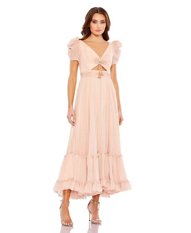 ruffle tiered metallic ruched shoulder dress Metallic Hoco Dress  Modsele