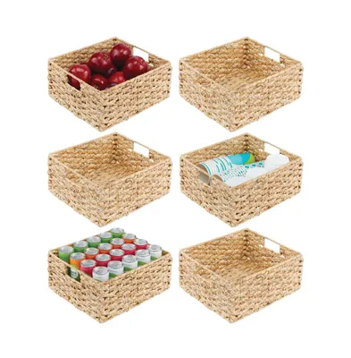 mDesign Hyacinth Braided Woven Pantry Bin Basket, Handles, Medium - 6 Pack, Natural/Tan
