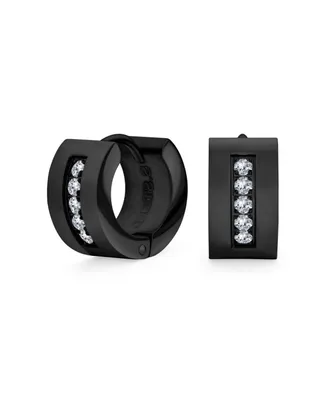 Bling Jewelry Unisex Channel Set 3 Row Cubic Zirconia Cz K-pop Wide Mini Hoop Huggie Earrings For Men For Women Black Plated Steel Stainless