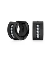 Bling Jewelry Unisex Channel Set 3 Row Cubic Zirconia Cz K-pop Wide Mini Hoop Huggie Earrings For Men For Women Black Plated Steel Stainless