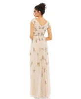 Women's Embellished Wrap Over Cap Sleeve A-Line Gown