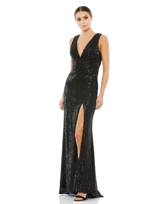 Mac Duggal Women's Ieena V-Neck Sequin Wrap Waist Gown