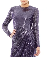 Women's Sequined High Neck Long Sleeve Draped Gown