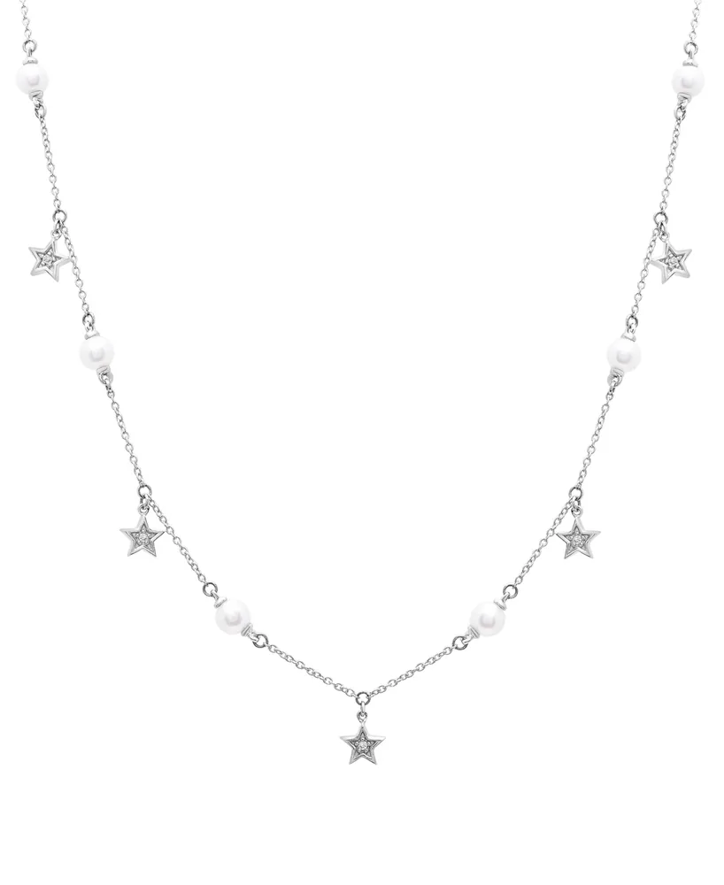 Cultured Freshwater Pearl (4mm) & Diamond Accent Star Dangle 17" Collar Necklace in Sterling Silver
