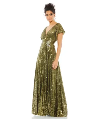 Mac Duggal Women's Sequined Butterfly Sleeve Wrap Over A Line Gown