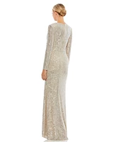 Mac Duggal Women's Ieena Sequined Long Sleeve Faux Wrap Ruched Gown