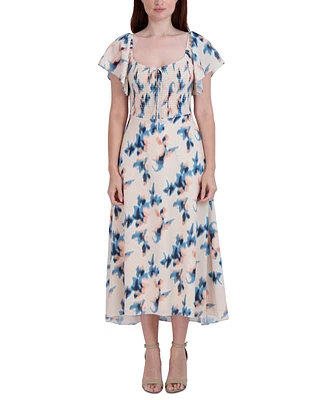 BCBGeneration Women's Printed Smocked Flutter-Sleeve Midi Dress