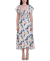 BCBGeneration Women's Printed Smocked Flutter-Sleeve Midi Dress