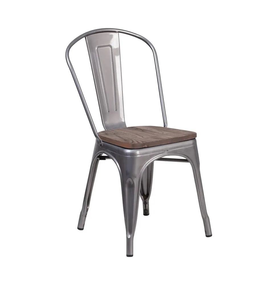 Merrick Lane Stackable Metal Vertical Slat Back Dining Chair With Textured Wood Seat