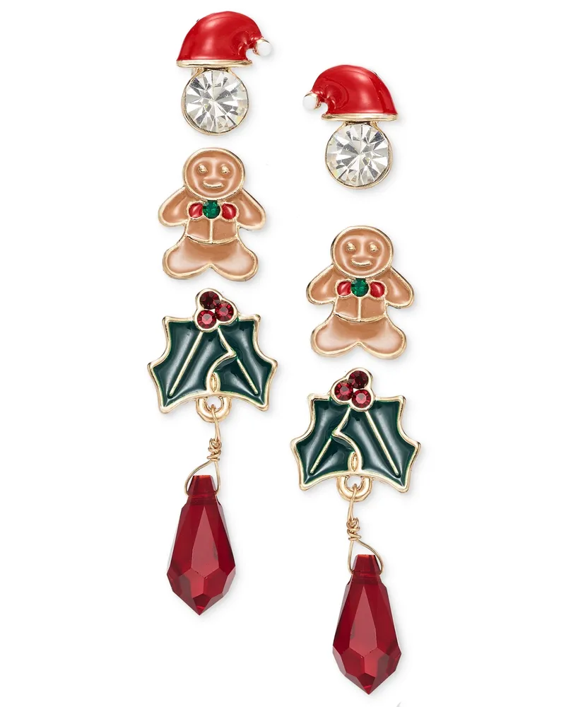 Holiday Lane Gold-Tone 3-Pc. Set Holiday-Theme Earrings, Created for Macy's