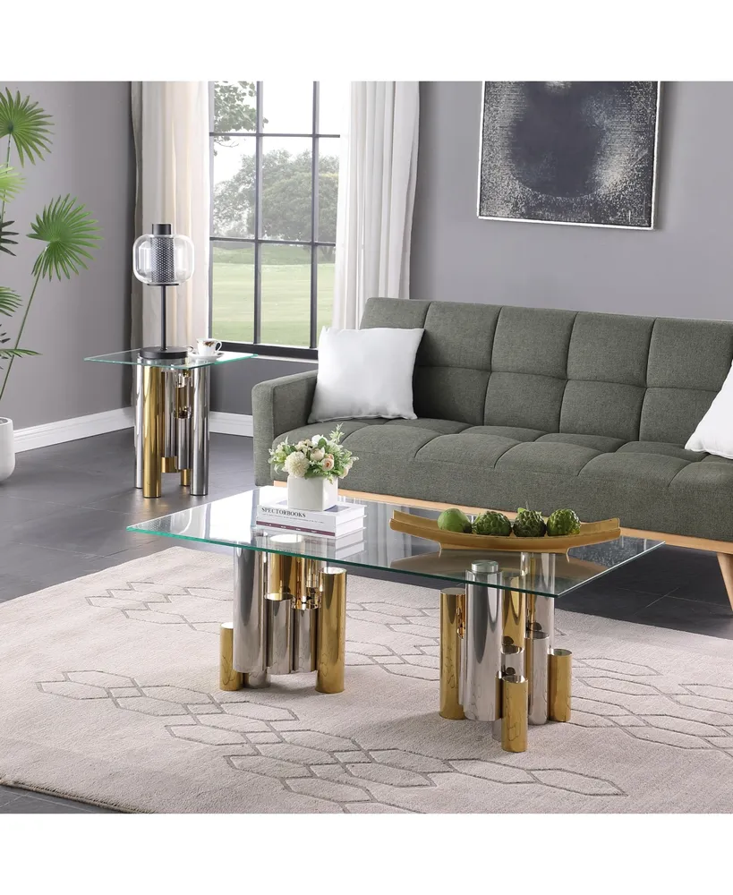 Streamdale Furniture Stainless Steel Rectangular Accent Glass Coffee Table for Living Room- 48" Modern Sleek Center Table with Clear Tempered Glass