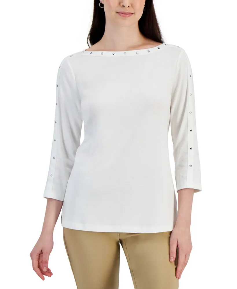 Karen Scott Petite 3/4 Sleeve Cotton Scoop-Neck Top, Created for Macy's - Bright White - Size P/L