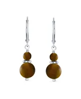 Bling Jewelry Gemstone Natural Brown Tiger Eye Boho Bali Milgrain Edged Beaded Rondel Separator Double Ball Round Drop Dangle Earrings Sterling Silver