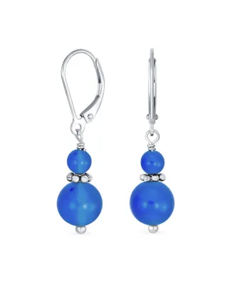 Bling Jewelry Gemstone Natural Blue Agate Boho Bali Milgrain Edged Beaded Rondel Separator Double Ball Round Drop Dangle Earrings Sterling Silver Leve