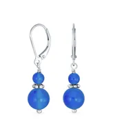 Bling Jewelry Blue Natural Agate Bali Milgrain Edged Beaded Rondel Separator Double Ball Round Drop Dangle Earrings Sterling Silver Lever back