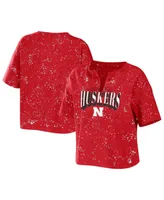 Women's Wear by Erin Andrews Scarlet Nebraska Huskers Bleach Wash Splatter Cropped Notch Neck T-shirt