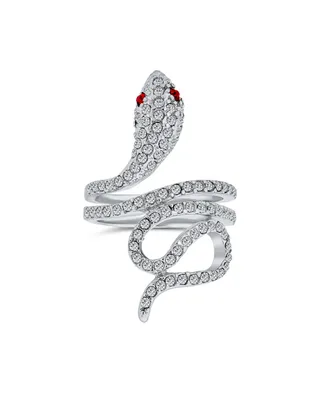 Spiral Wrap Serpent Snake Fashion Statement Ring For Women Red Eye Cubic Zirconia Pave Cz Rhodium Plated Brass