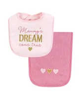 Hudson Baby Infant Girl Cotton Terry Bib and Burp Cloth Set, Mom Dad Dream, One Size